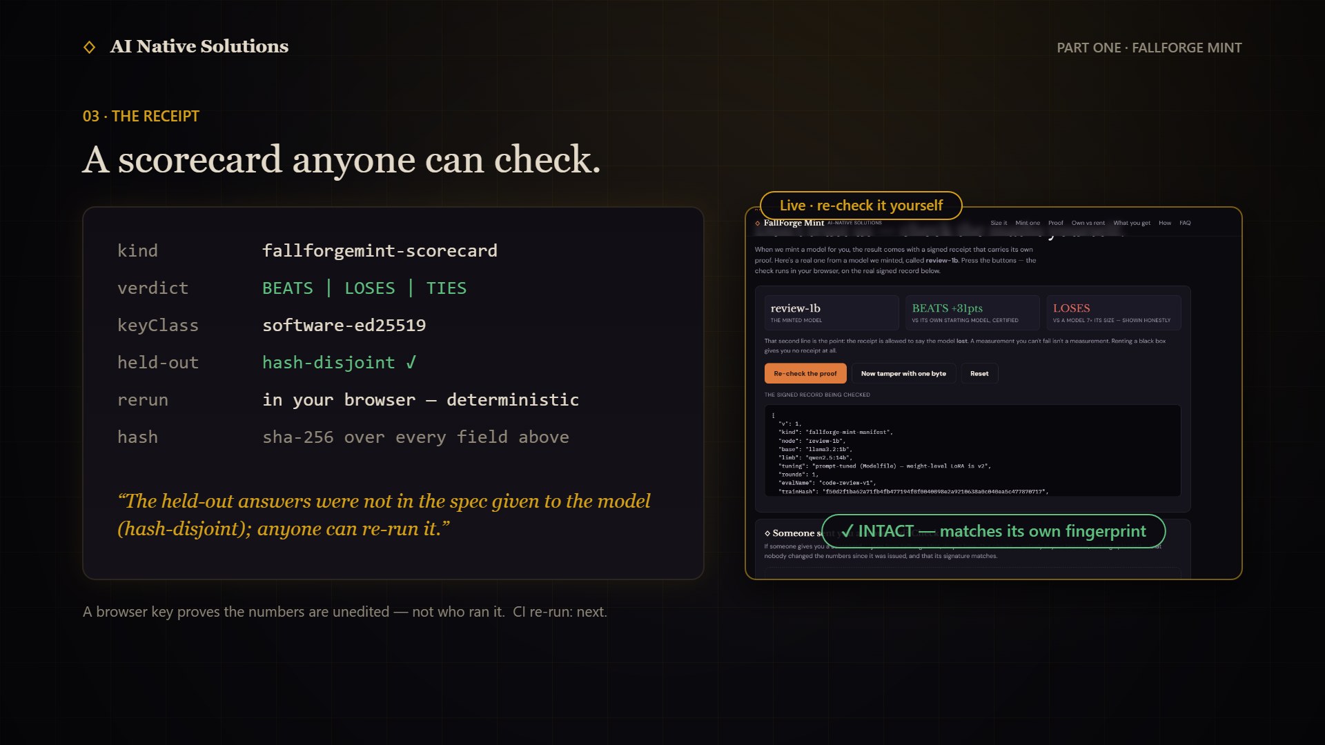 The scorecard fields: verdict, keyClass software-ed25519, held-out hash-disjoint, re-run in your browser, and a live verify check