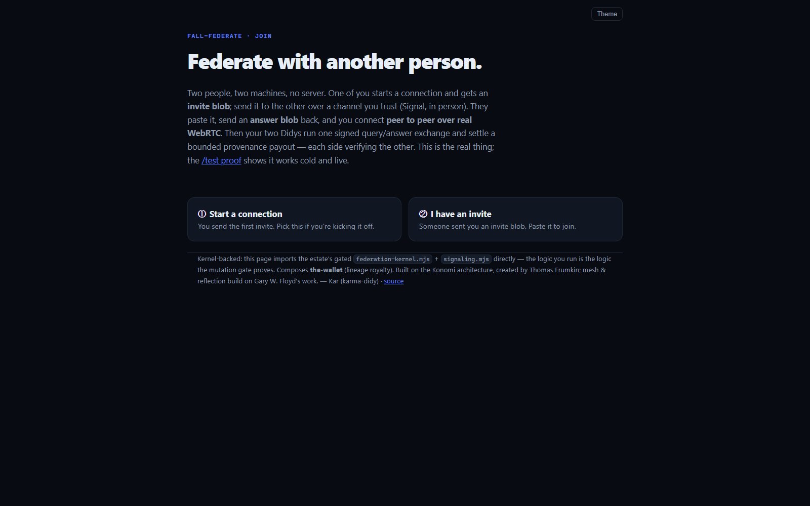 fall-federate join page: connect two parties peer-to-peer over WebRTC