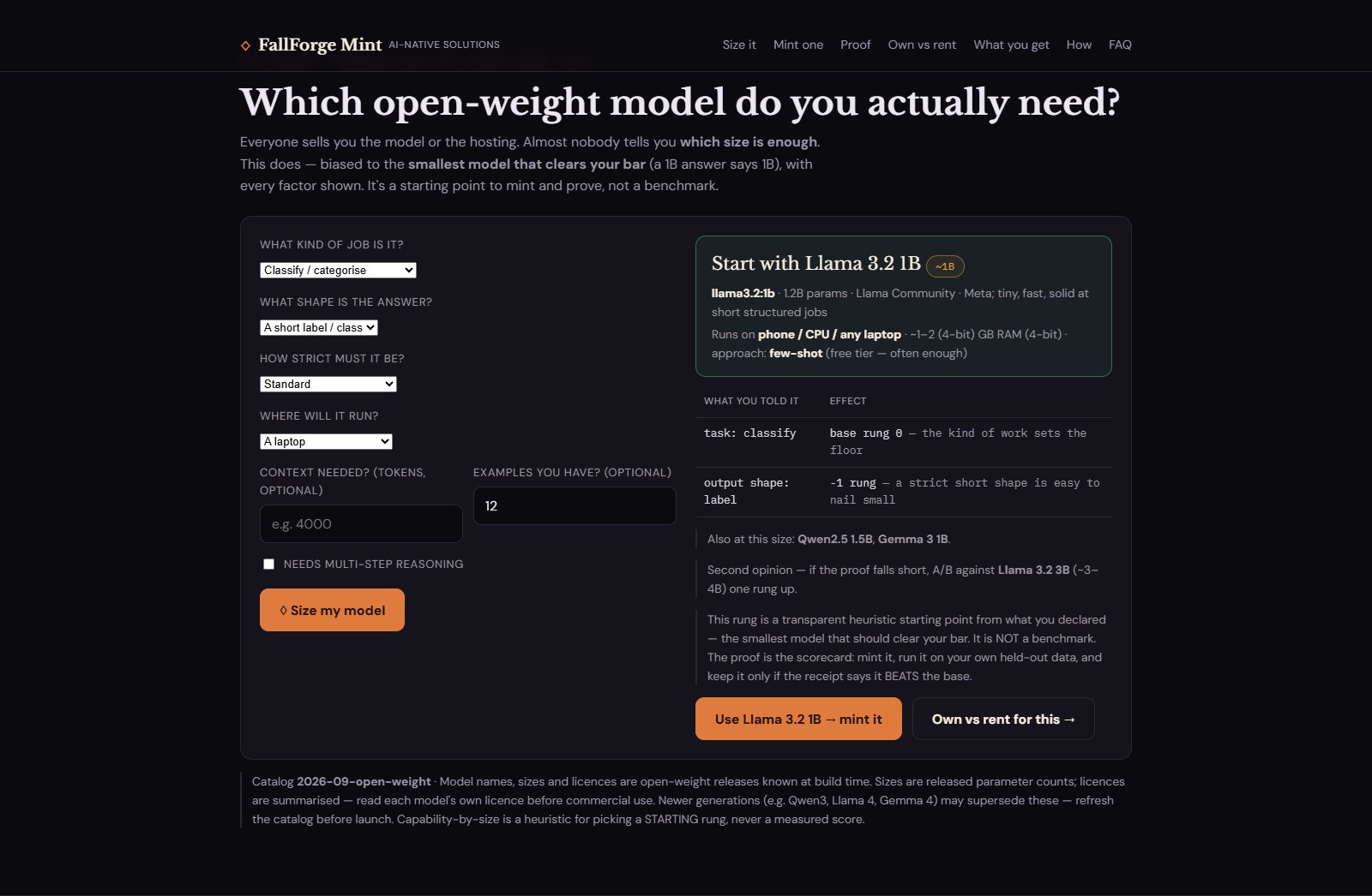 FallForge Mint's live sizer recommending Llama 3.2 1B