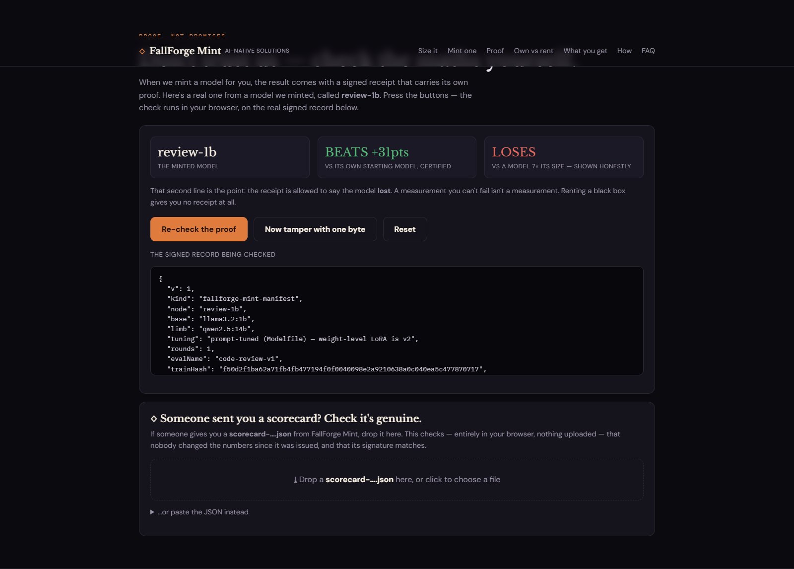 FallForge Mint's verify panel with the real review-1b signed record
